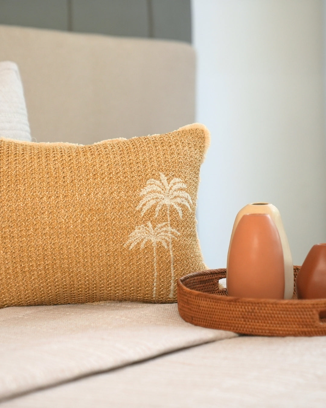 Coco Palm | Palm Springs Embroidered Oats Beige Cushion Cover (Size : 12"X18")