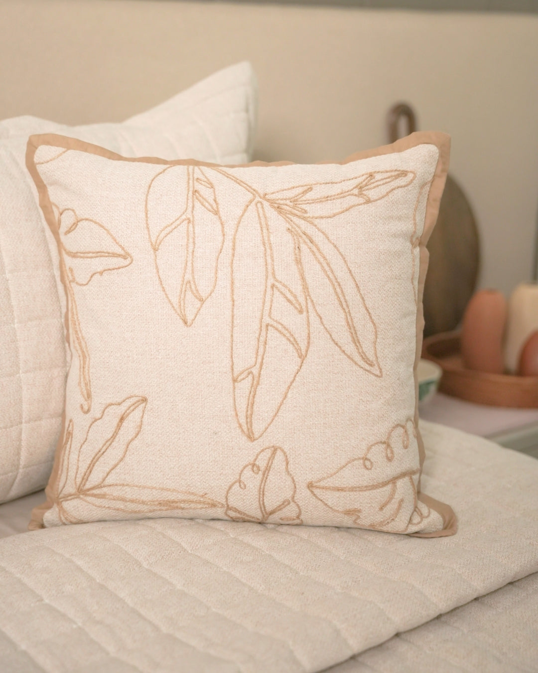 Meadow Palm Springs Embroidered Beige Cushion Cover (Size : 16"X16")